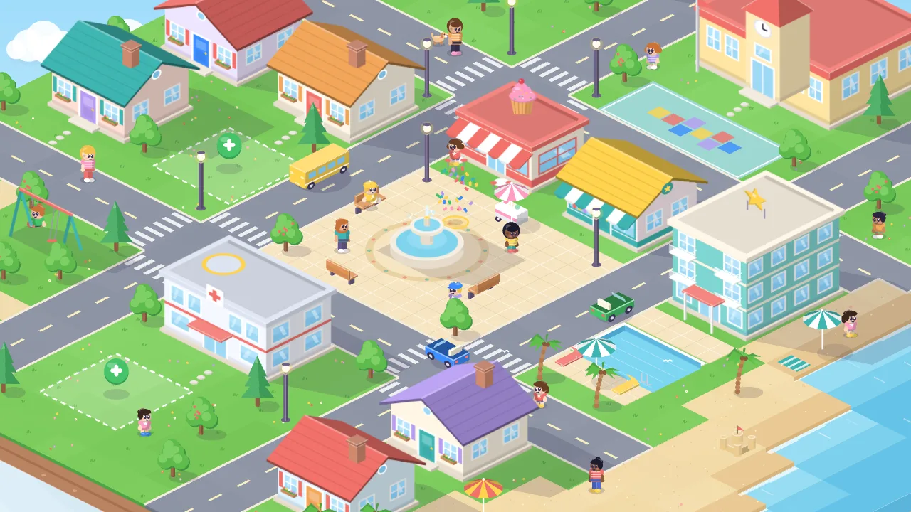 Toy Town: an isometric town square with a fountain, shops, houses, a hotel by the beach and kids walking around